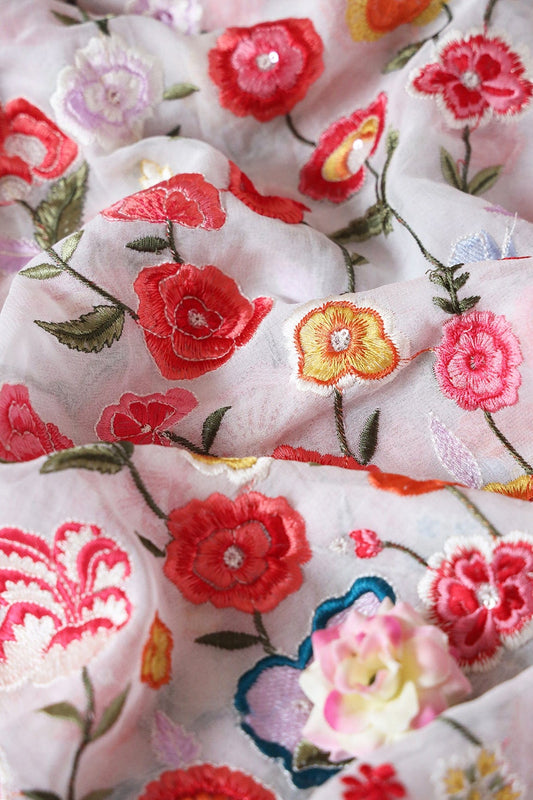 AIzaSyBcstauz-XMPRhEY21AUzeo032pxrXB5Ug - Big Width "56" Multi Thread With Water Sequins Floral Embroidery On White Viscose Georgette Fabric