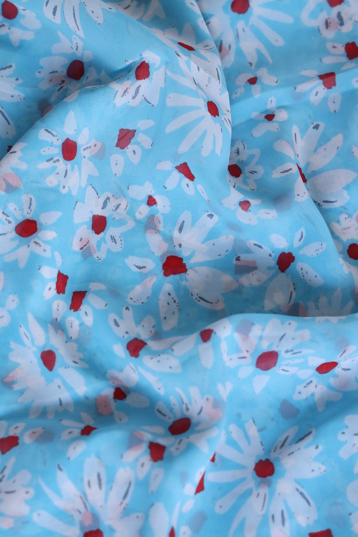 AIzaSyBcstauz-XMPRhEY21AUzeo032pxrXB5Ug - Big Width "56" White And Red Floral Digital Print On Sky Blue Georgette Fabric