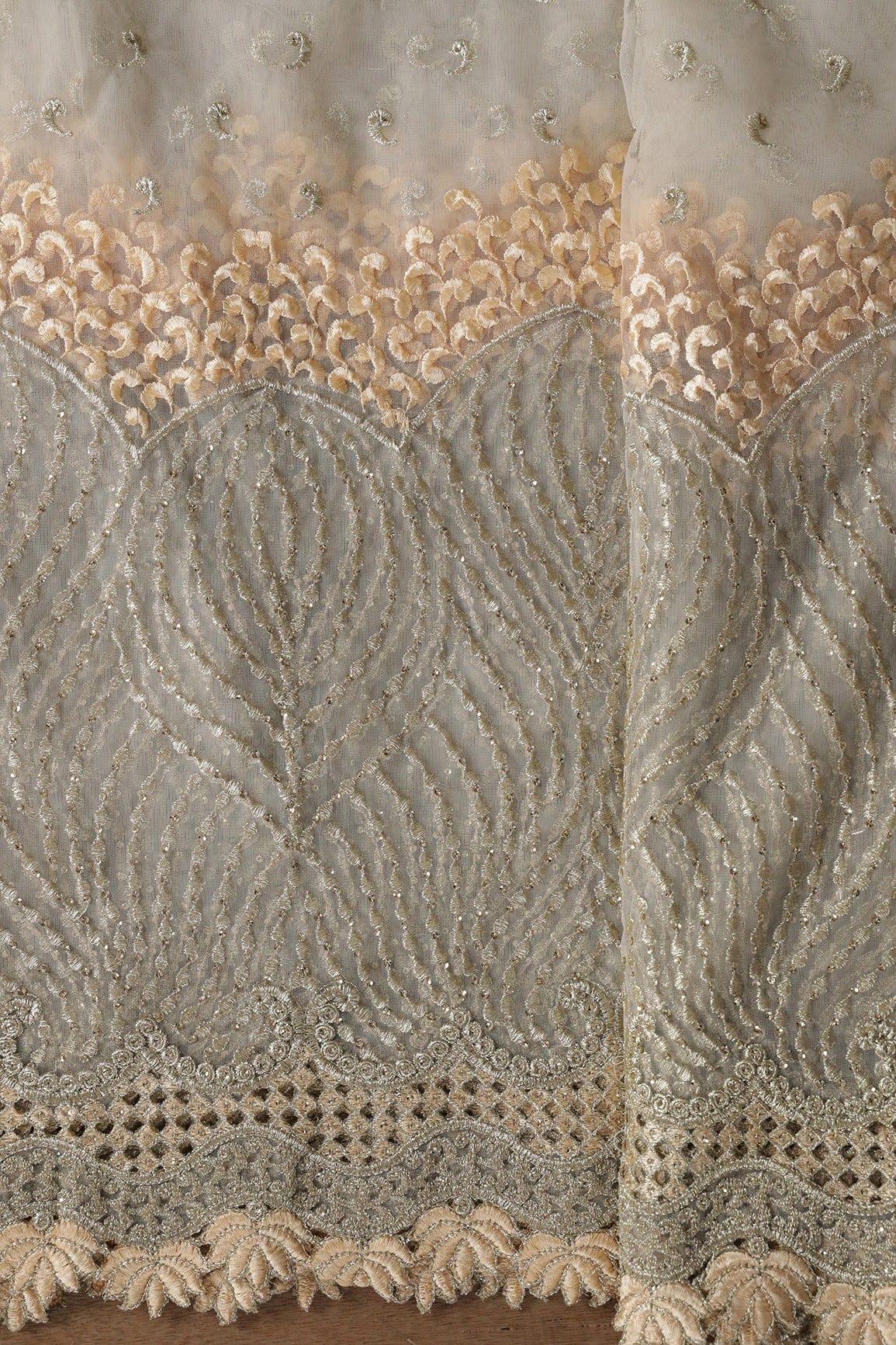 AIzaSyBcstauz-XMPRhEY21AUzeo032pxrXB5Ug - Big Width''56'' Beige Thread With Zari Traditional Embroidery Work On Beige Soft Net Fabric With Border