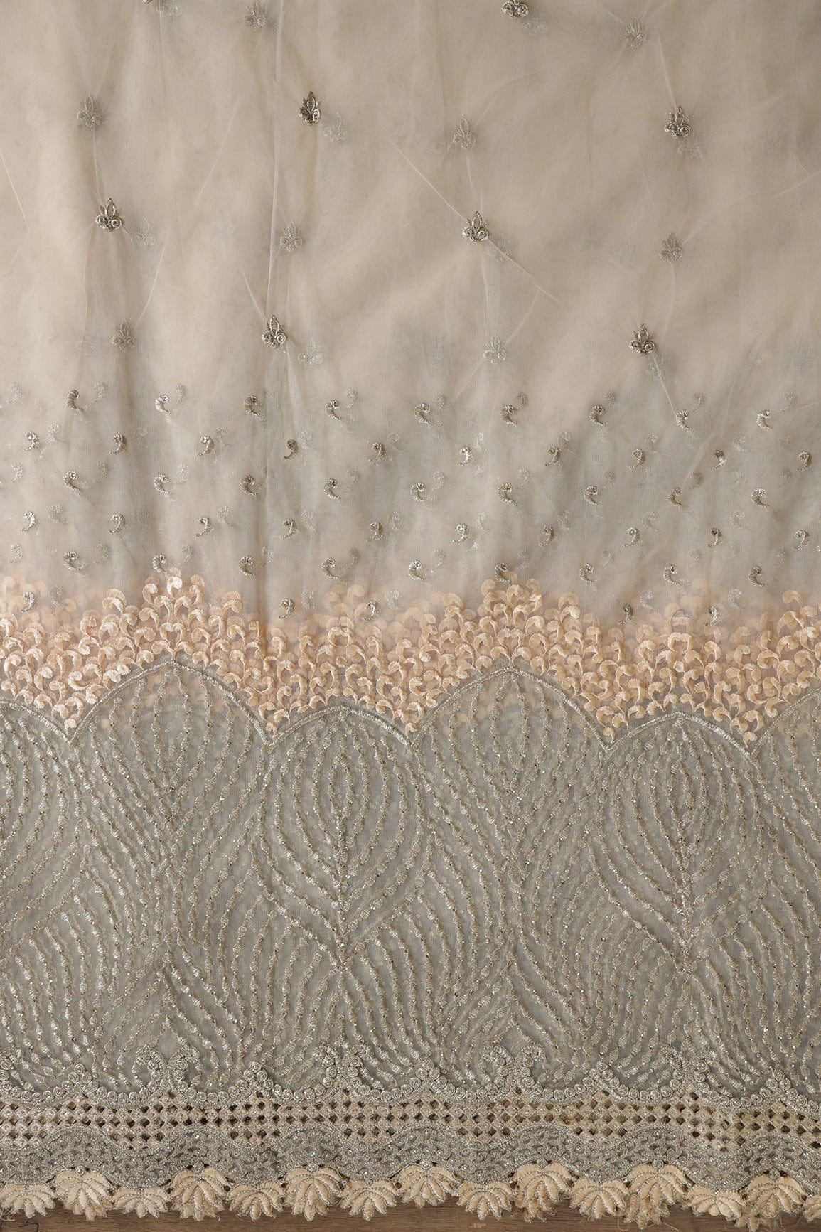 AIzaSyBcstauz-XMPRhEY21AUzeo032pxrXB5Ug - Big Width''56'' Beige Thread With Zari Traditional Embroidery Work On Beige Soft Net Fabric With Border