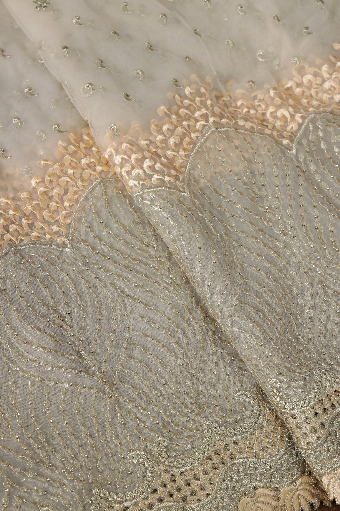 AIzaSyBcstauz-XMPRhEY21AUzeo032pxrXB5Ug - Big Width''56'' Beige Thread With Zari Traditional Embroidery Work On Beige Soft Net Fabric With Border