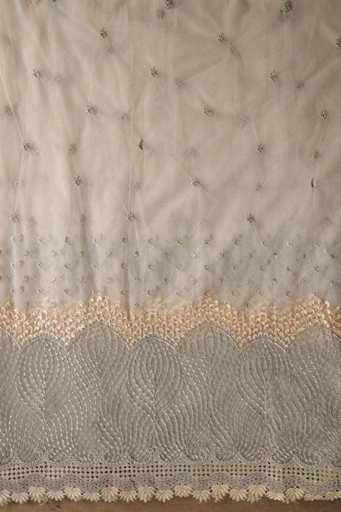 AIzaSyBcstauz-XMPRhEY21AUzeo032pxrXB5Ug - Big Width''56'' Beige Thread With Zari Traditional Embroidery Work On Beige Soft Net Fabric With Border