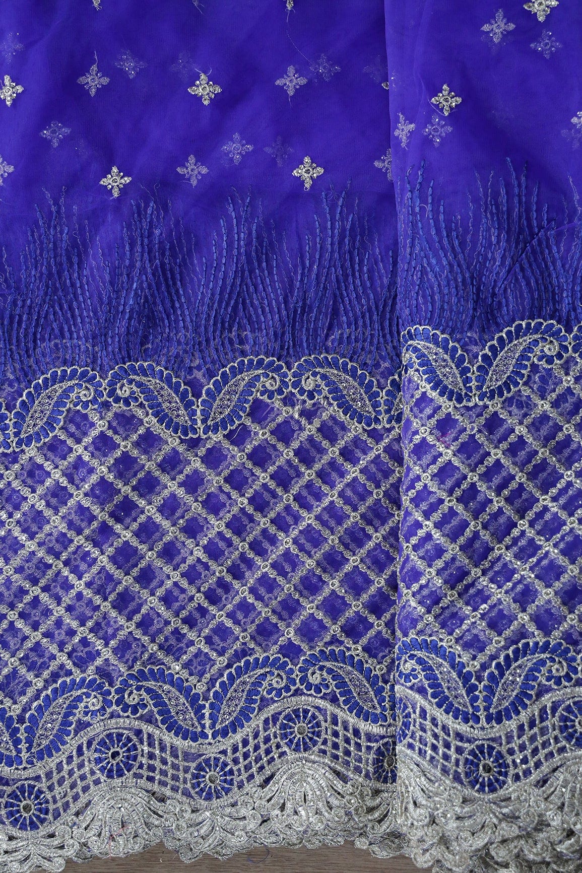AIzaSyBcstauz-XMPRhEY21AUzeo032pxrXB5Ug - Big Width''56'' Blue Thread With Zari Checks Embroidery Work On Royal Blue Soft Net Fabric With Border
