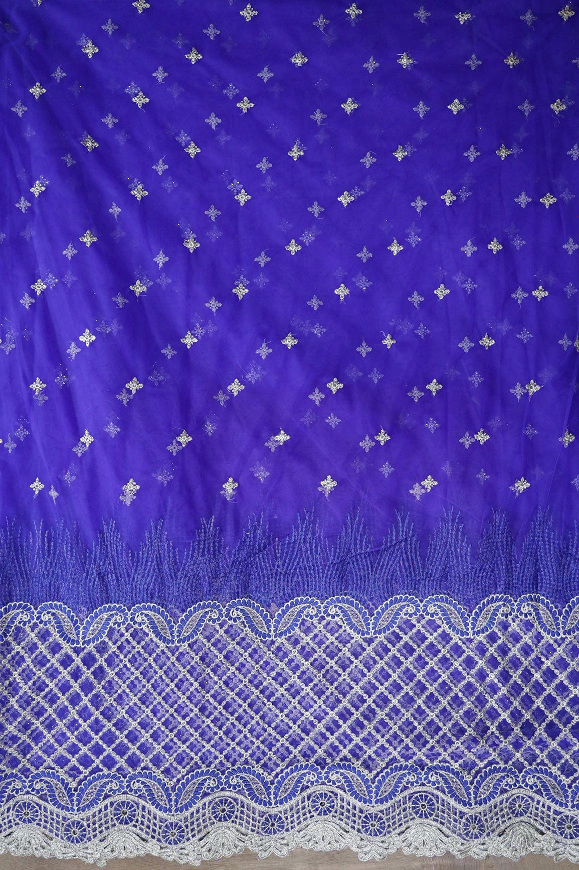 AIzaSyBcstauz-XMPRhEY21AUzeo032pxrXB5Ug - Big Width''56'' Blue Thread With Zari Checks Embroidery Work On Royal Blue Soft Net Fabric With Border