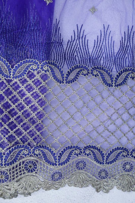 AIzaSyBcstauz-XMPRhEY21AUzeo032pxrXB5Ug - Big Width''56'' Blue Thread With Zari Checks Embroidery Work On Royal Blue Soft Net Fabric With Border