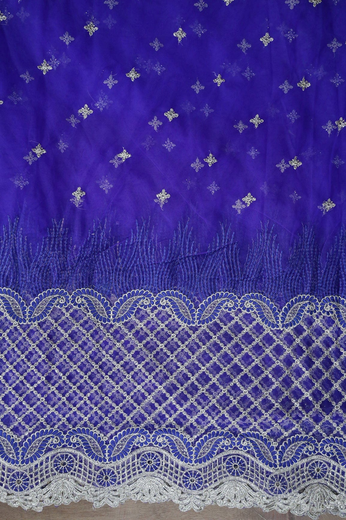 AIzaSyBcstauz-XMPRhEY21AUzeo032pxrXB5Ug - Big Width''56'' Blue Thread With Zari Checks Embroidery Work On Royal Blue Soft Net Fabric With Border