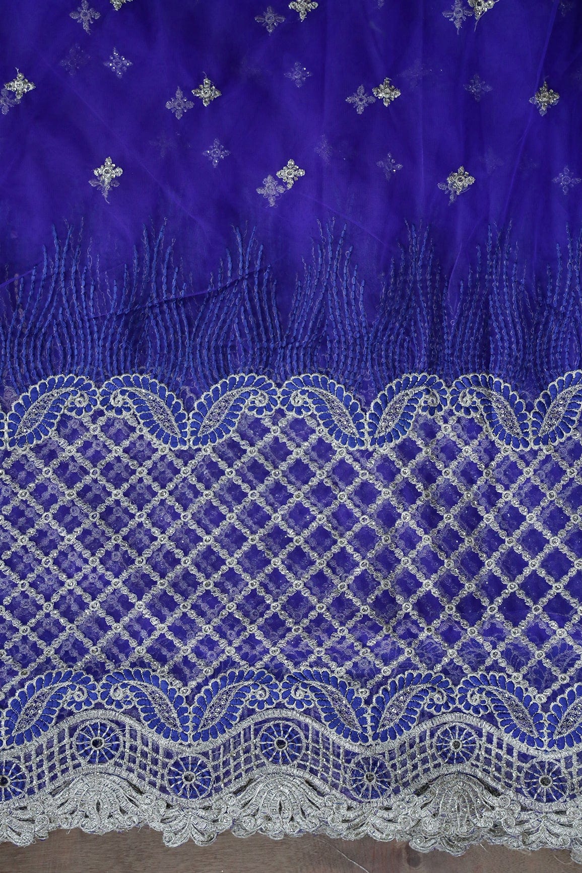 AIzaSyBcstauz-XMPRhEY21AUzeo032pxrXB5Ug - Big Width''56'' Blue Thread With Zari Checks Embroidery Work On Royal Blue Soft Net Fabric With Border