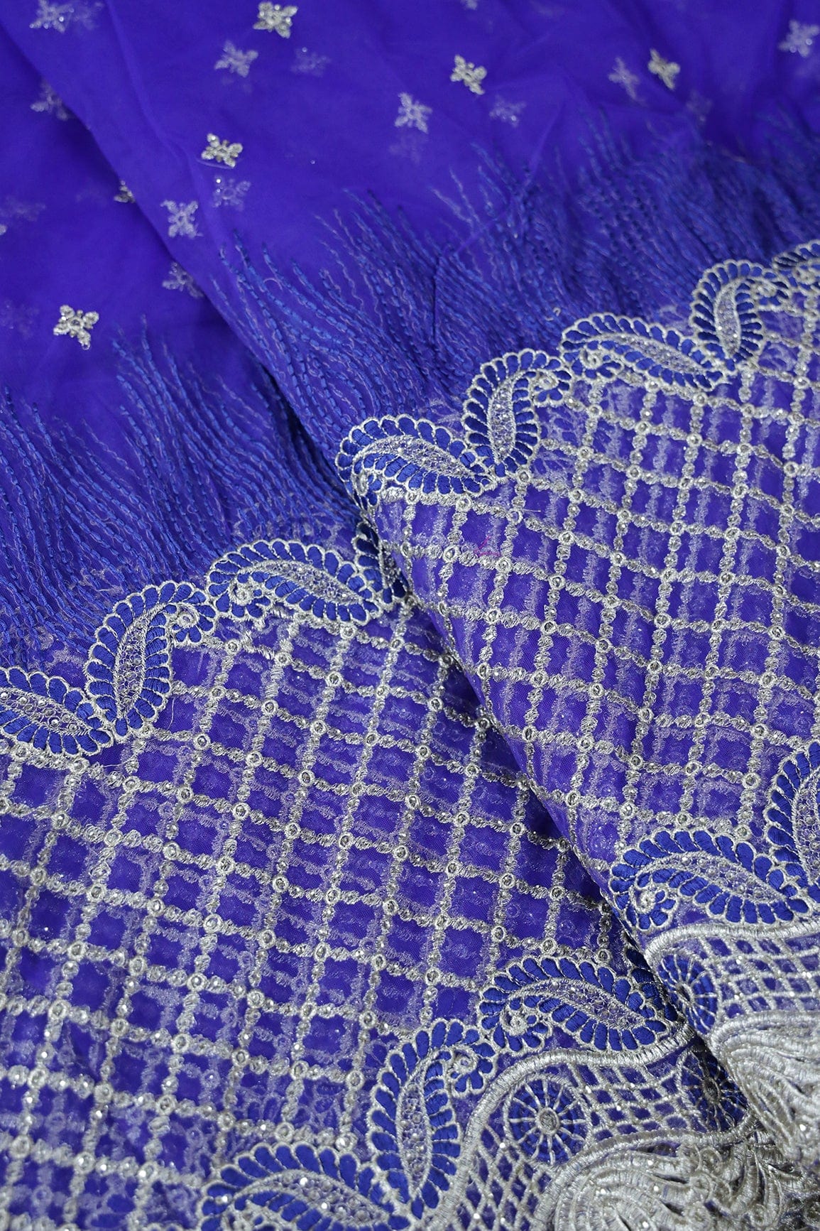 AIzaSyBcstauz-XMPRhEY21AUzeo032pxrXB5Ug - Big Width''56'' Blue Thread With Zari Checks Embroidery Work On Royal Blue Soft Net Fabric With Border