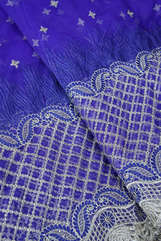 AIzaSyBcstauz-XMPRhEY21AUzeo032pxrXB5Ug - Big Width''56'' Blue Thread With Zari Checks Embroidery Work On Royal Blue Soft Net Fabric With Border