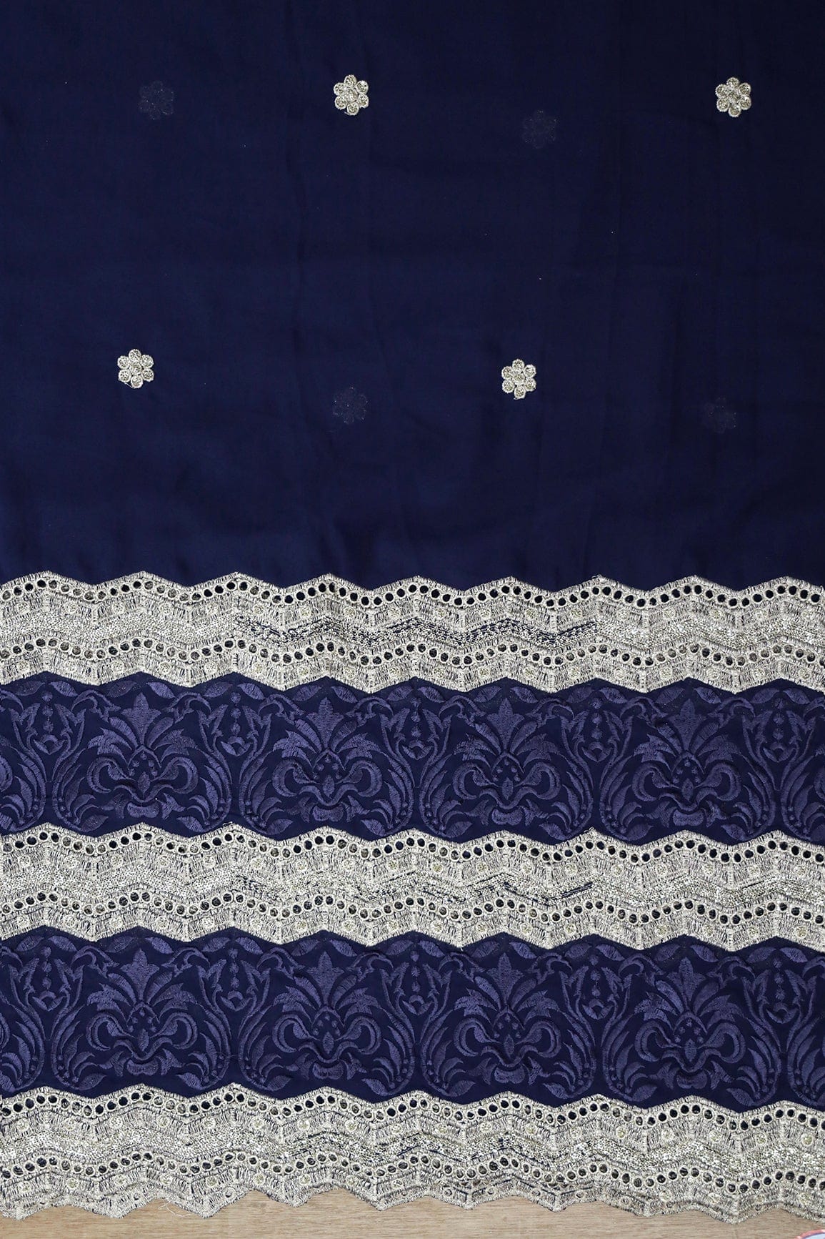 AIzaSyBcstauz-XMPRhEY21AUzeo032pxrXB5Ug - Big Width''56'' Blue Thread With Zari Ethnic Embroidery Work On Navy Blue Georgette Fabric With Border