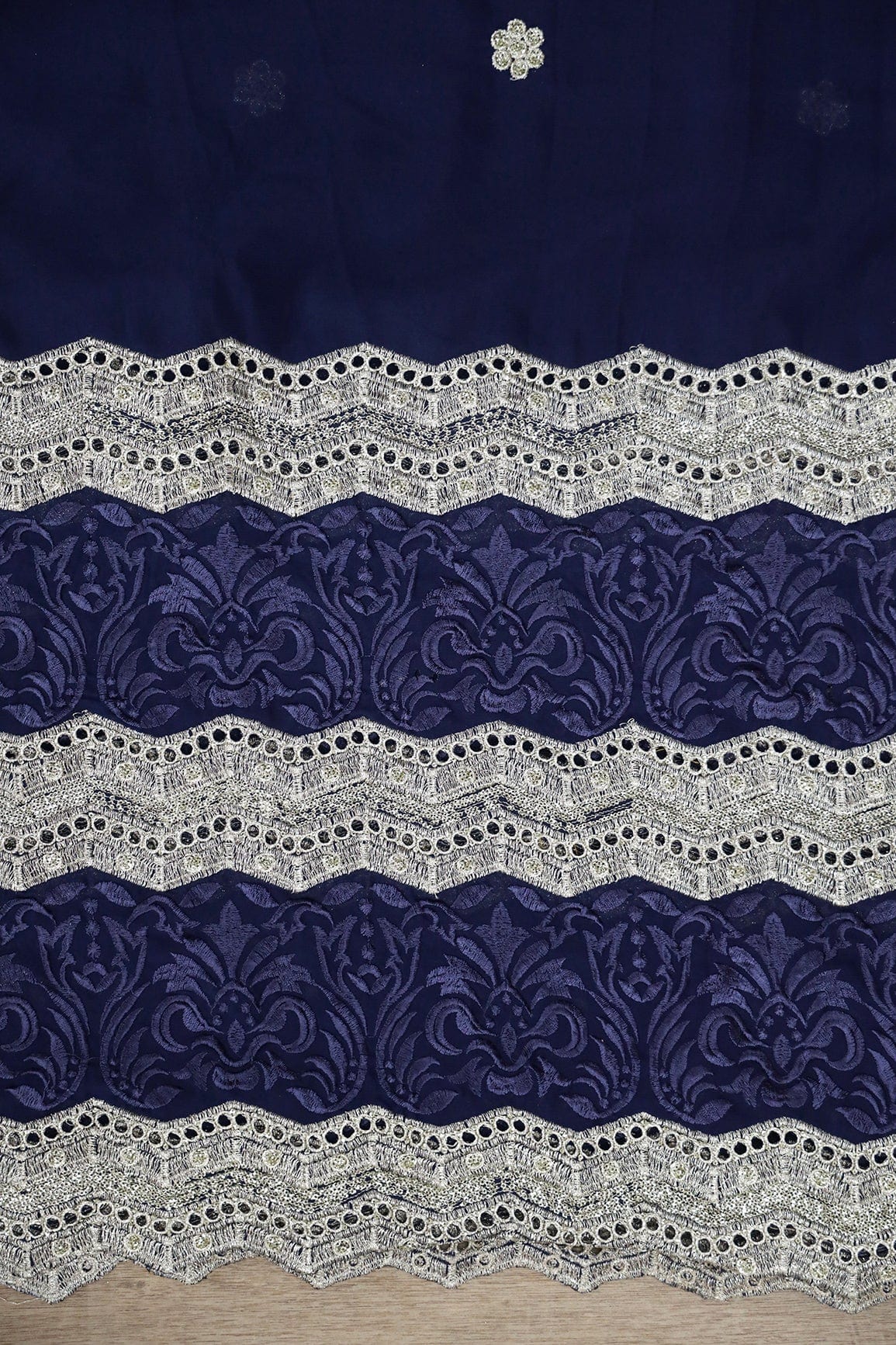 AIzaSyBcstauz-XMPRhEY21AUzeo032pxrXB5Ug - Big Width''56'' Blue Thread With Zari Ethnic Embroidery Work On Navy Blue Georgette Fabric With Border