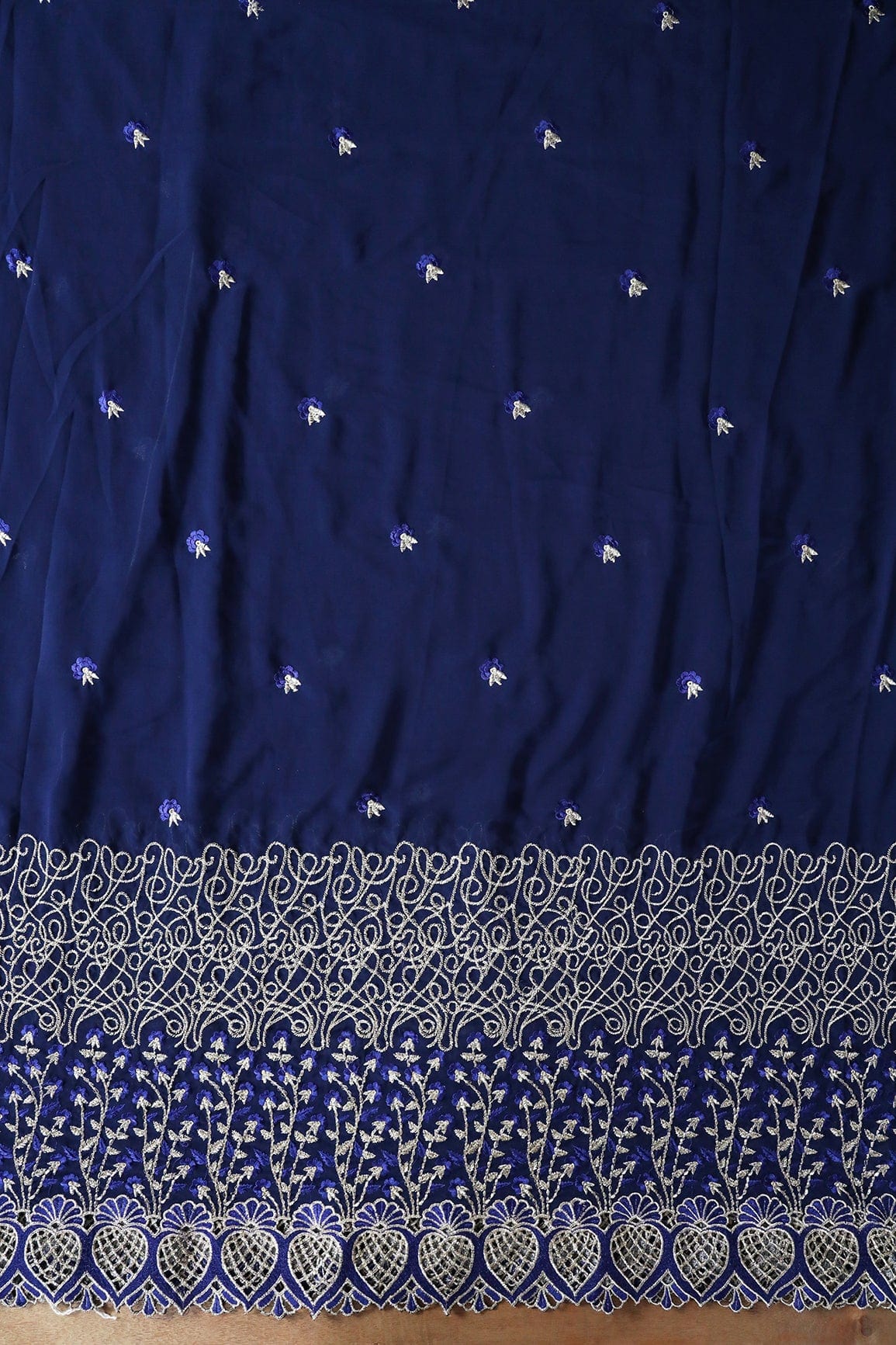 AIzaSyBcstauz-XMPRhEY21AUzeo032pxrXB5Ug - Big Width''56'' Blue Thread With Zari Floral Embroidery Work On Navy Blue Georgette Fabric With Border
