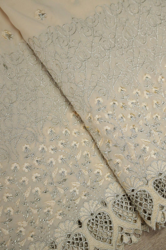 AIzaSyBcstauz-XMPRhEY21AUzeo032pxrXB5Ug - Big Width''56'' Cream Thread With Zari Floral Embroidery Work On Cream Georgette Fabric With Border