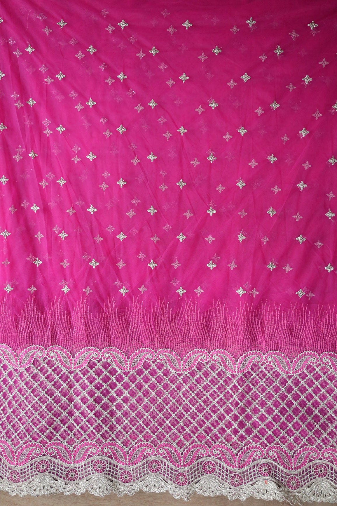 AIzaSyBcstauz-XMPRhEY21AUzeo032pxrXB5Ug - Big Width''56'' Fuchsia Thread With Zari Checks Embroidery Work On Fuchsia Soft Net Fabric With Border