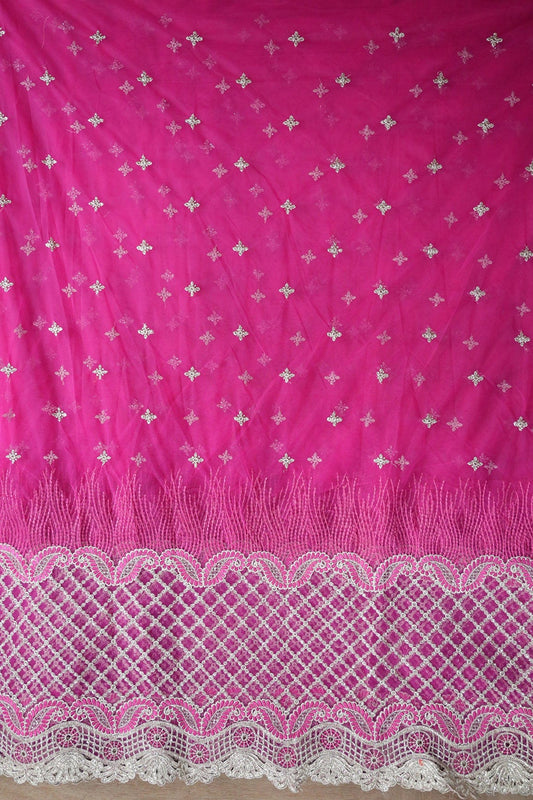 AIzaSyBcstauz-XMPRhEY21AUzeo032pxrXB5Ug - Big Width''56'' Fuchsia Thread With Zari Checks Embroidery Work On Fuchsia Soft Net Fabric With Border