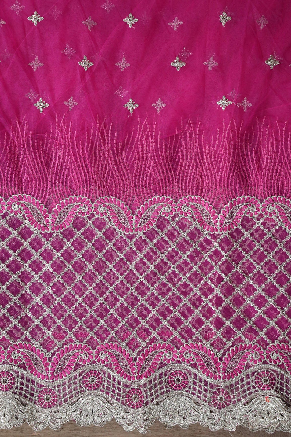 AIzaSyBcstauz-XMPRhEY21AUzeo032pxrXB5Ug - Big Width''56'' Fuchsia Thread With Zari Checks Embroidery Work On Fuchsia Soft Net Fabric With Border