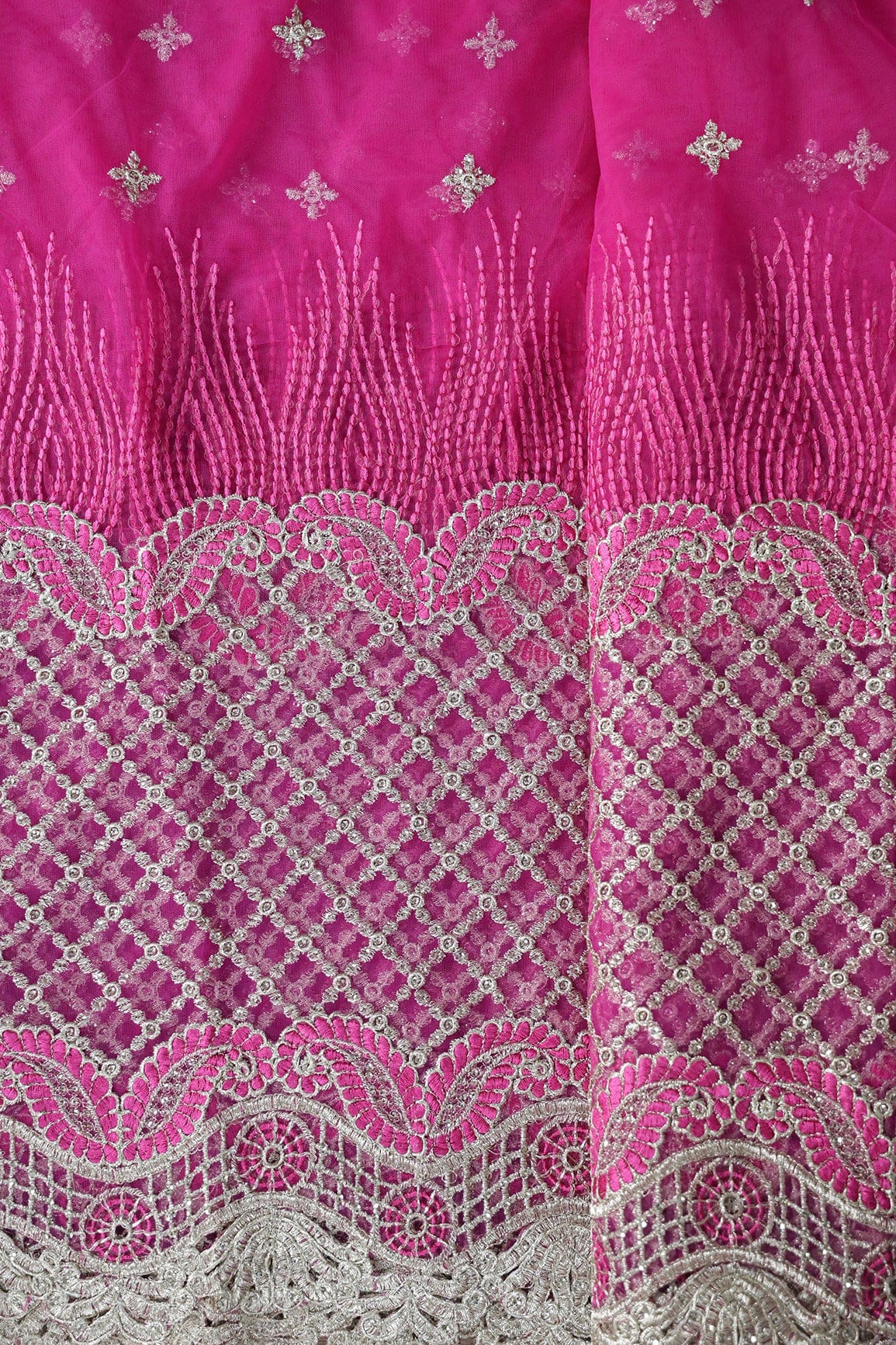 AIzaSyBcstauz-XMPRhEY21AUzeo032pxrXB5Ug - Big Width''56'' Fuchsia Thread With Zari Checks Embroidery Work On Fuchsia Soft Net Fabric With Border