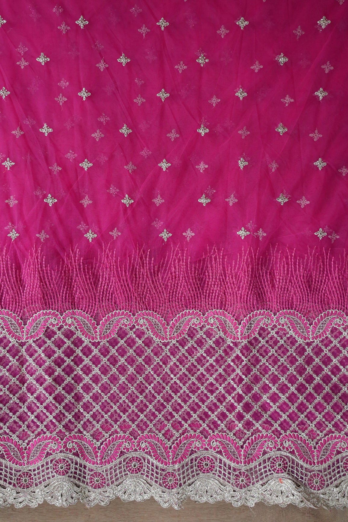 AIzaSyBcstauz-XMPRhEY21AUzeo032pxrXB5Ug - Big Width''56'' Fuchsia Thread With Zari Checks Embroidery Work On Fuchsia Soft Net Fabric With Border
