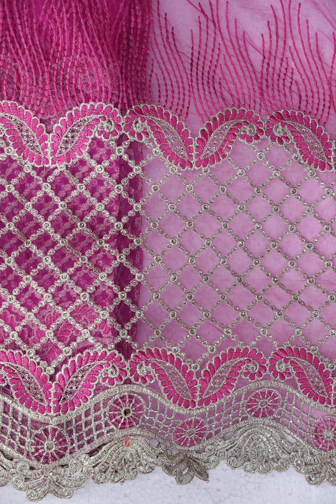 AIzaSyBcstauz-XMPRhEY21AUzeo032pxrXB5Ug - Big Width''56'' Fuchsia Thread With Zari Checks Embroidery Work On Fuchsia Soft Net Fabric With Border