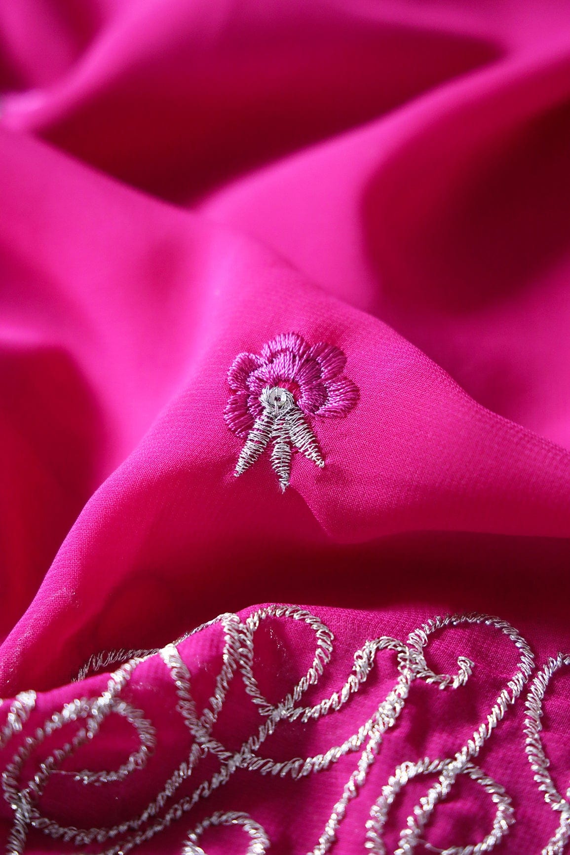 AIzaSyBcstauz-XMPRhEY21AUzeo032pxrXB5Ug - Big Width''56'' Fuchsia Thread With Zari Floral Embroidery Work On Fuchsia Georgette Fabric With Border