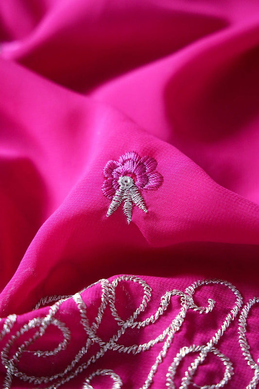 AIzaSyBcstauz-XMPRhEY21AUzeo032pxrXB5Ug - Big Width''56'' Fuchsia Thread With Zari Floral Embroidery Work On Fuchsia Georgette Fabric With Border