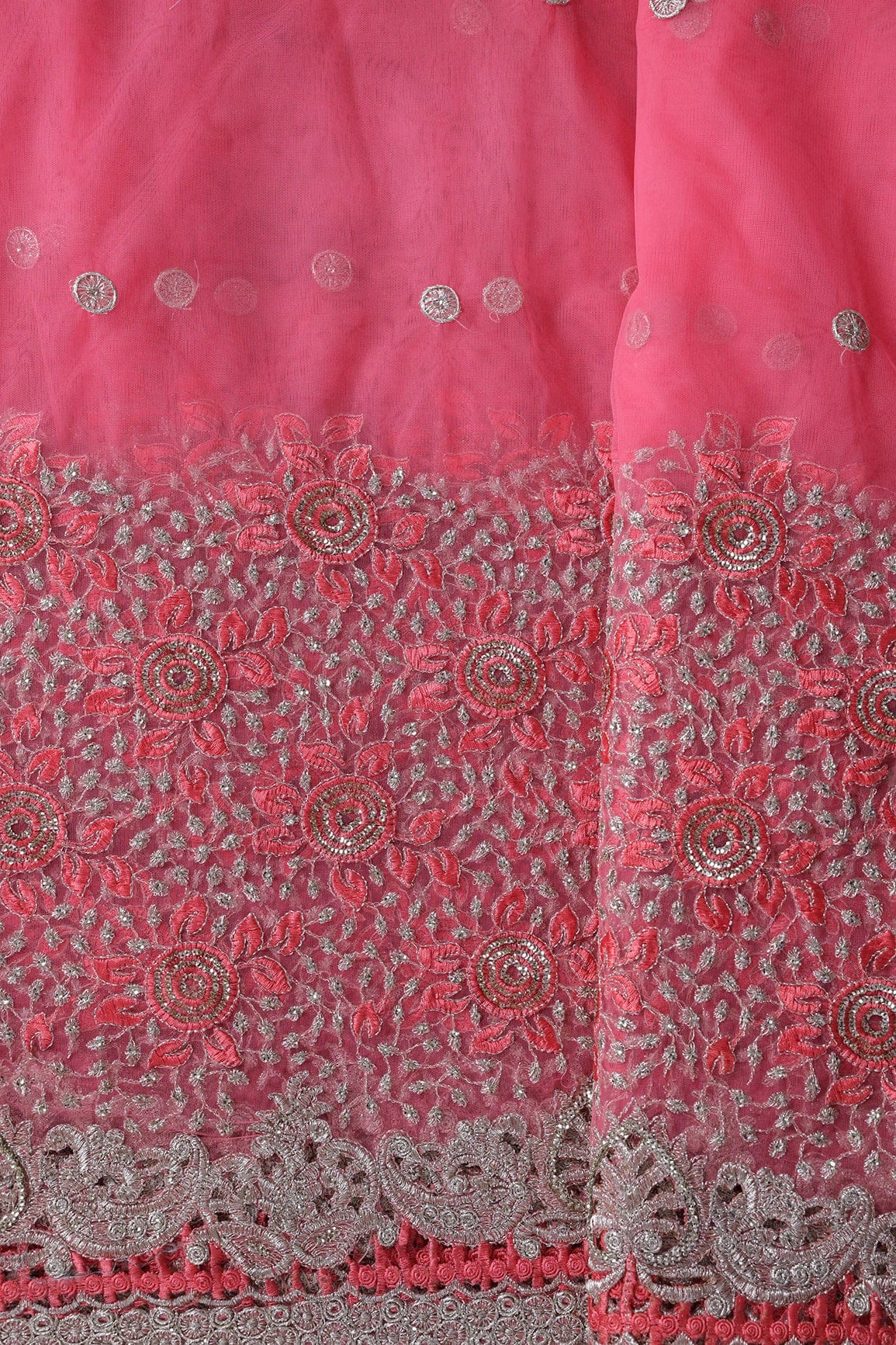 AIzaSyBcstauz-XMPRhEY21AUzeo032pxrXB5Ug - Big Width''56'' Gajri Pink Thread With Zari Floral Embroidery Work On Gajri Pink Soft Net Fabric With Border
