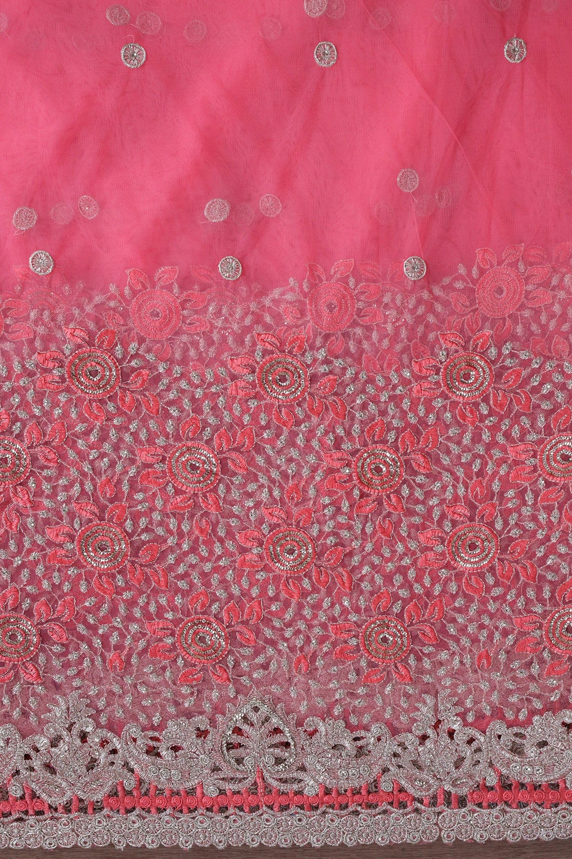 AIzaSyBcstauz-XMPRhEY21AUzeo032pxrXB5Ug - Big Width''56'' Gajri Pink Thread With Zari Floral Embroidery Work On Gajri Pink Soft Net Fabric With Border