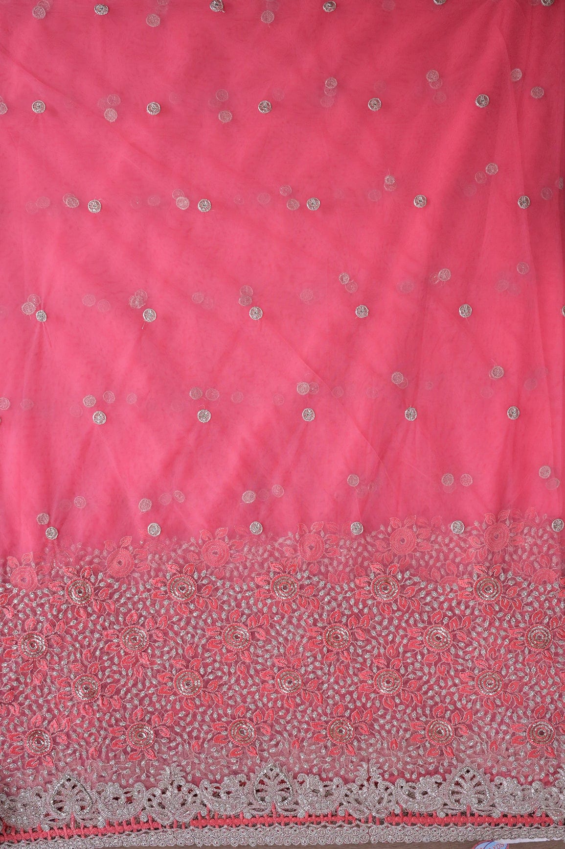 AIzaSyBcstauz-XMPRhEY21AUzeo032pxrXB5Ug - Big Width''56'' Gajri Pink Thread With Zari Floral Embroidery Work On Gajri Pink Soft Net Fabric With Border