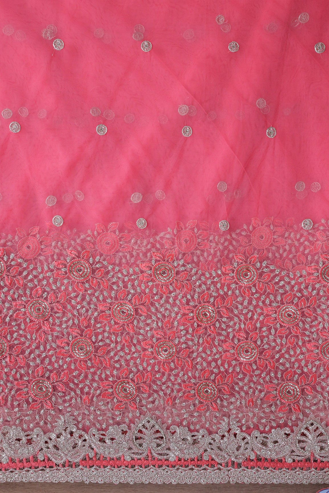 AIzaSyBcstauz-XMPRhEY21AUzeo032pxrXB5Ug - Big Width''56'' Gajri Pink Thread With Zari Floral Embroidery Work On Gajri Pink Soft Net Fabric With Border