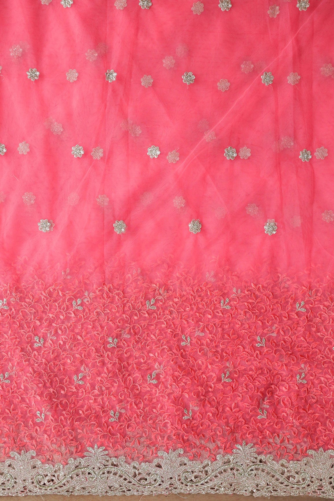 AIzaSyBcstauz-XMPRhEY21AUzeo032pxrXB5Ug - Big Width''56'' Gajri Pink Thread With Zari Leafy Embroidery Work On Gajri Pink Soft Net Fabric With Border