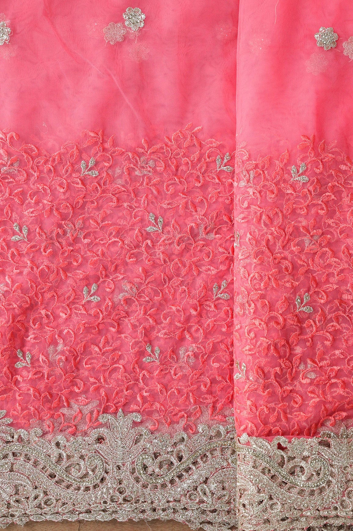 AIzaSyBcstauz-XMPRhEY21AUzeo032pxrXB5Ug - Big Width''56'' Gajri Pink Thread With Zari Leafy Embroidery Work On Gajri Pink Soft Net Fabric With Border