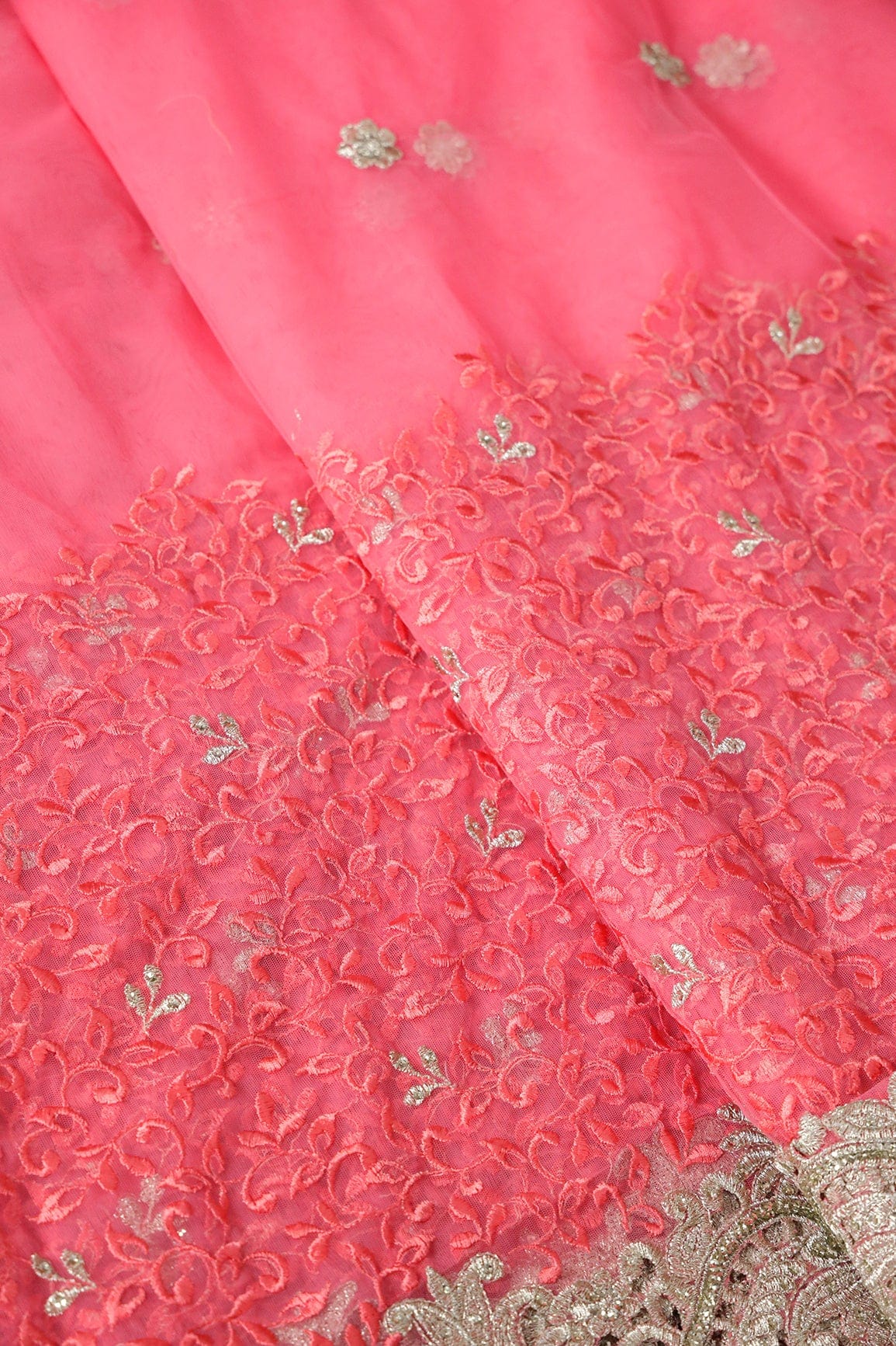 AIzaSyBcstauz-XMPRhEY21AUzeo032pxrXB5Ug - Big Width''56'' Gajri Pink Thread With Zari Leafy Embroidery Work On Gajri Pink Soft Net Fabric With Border