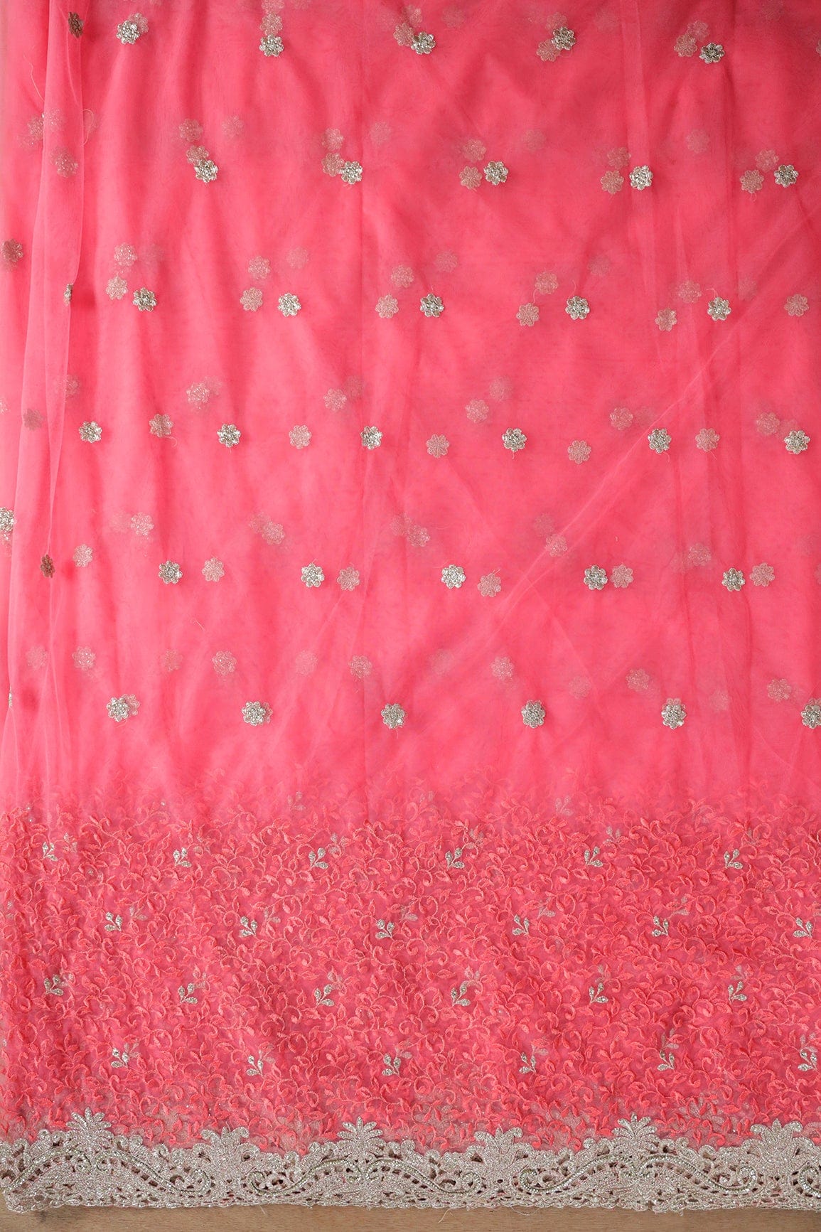 AIzaSyBcstauz-XMPRhEY21AUzeo032pxrXB5Ug - Big Width''56'' Gajri Pink Thread With Zari Leafy Embroidery Work On Gajri Pink Soft Net Fabric With Border