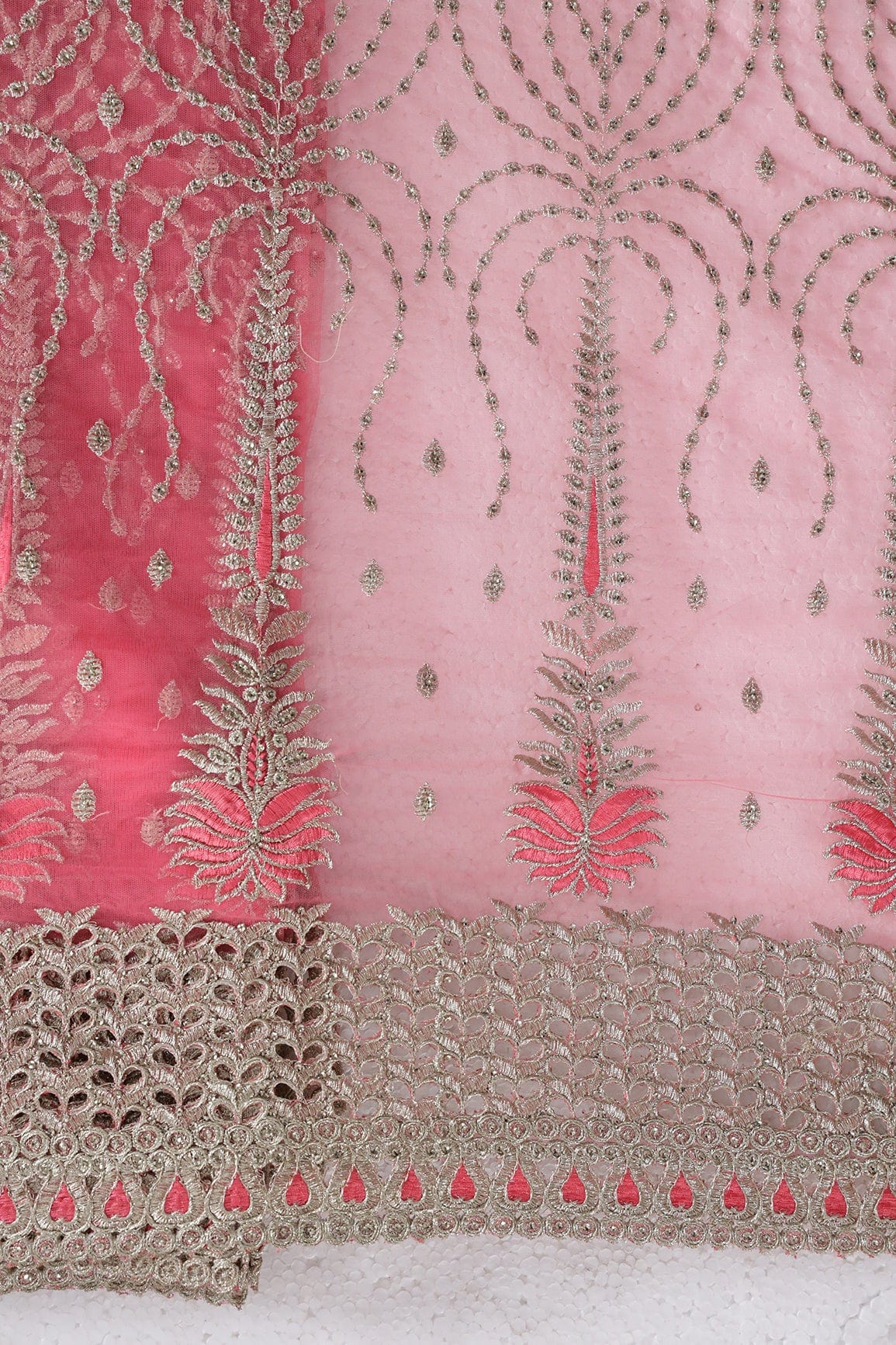 AIzaSyBcstauz-XMPRhEY21AUzeo032pxrXB5Ug - Big Width''56'' Gajri Pink Thread With Zari Traditional Embroidery Work On Gajri Pink Soft Net Fabric With Border