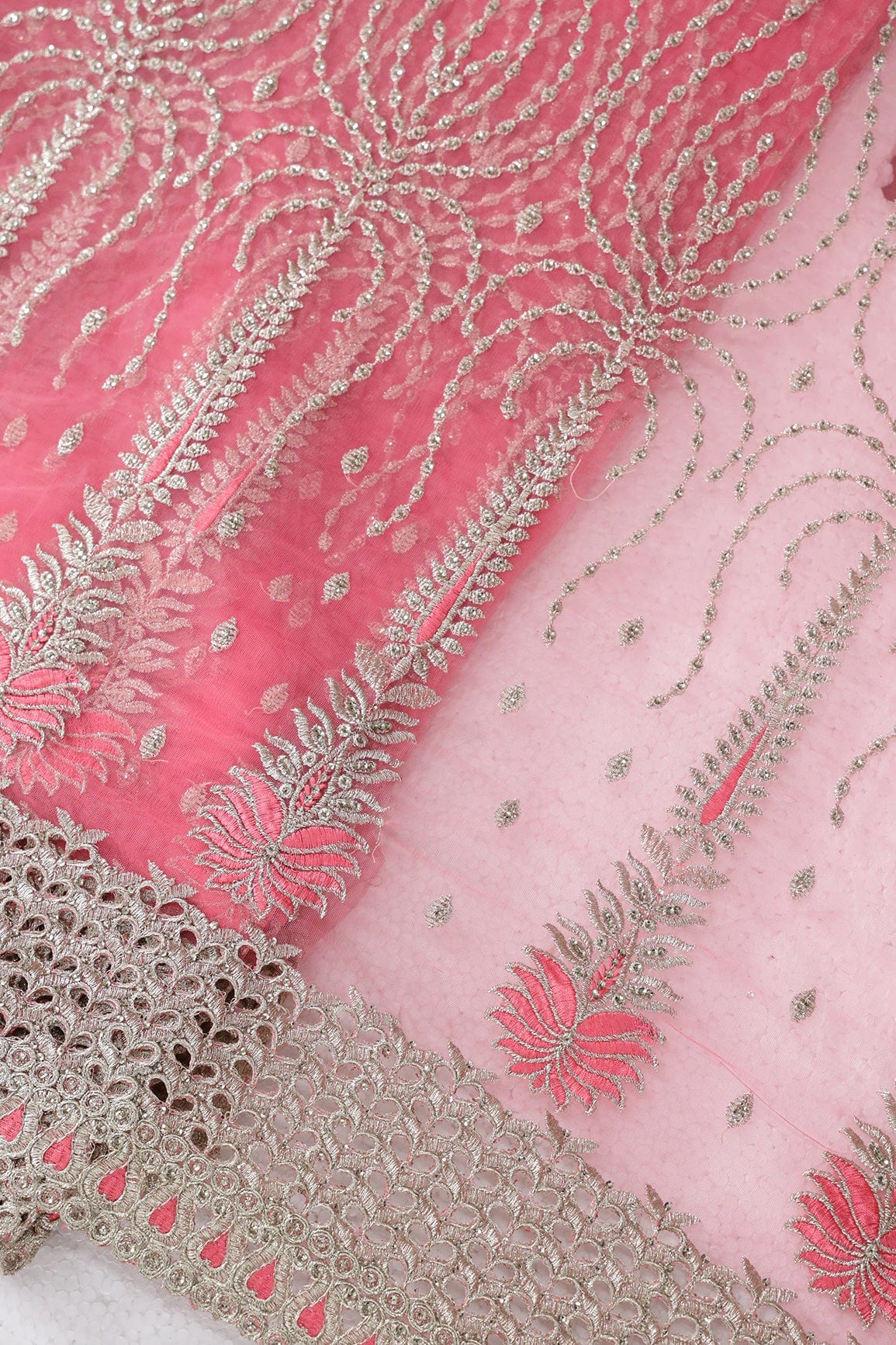 AIzaSyBcstauz-XMPRhEY21AUzeo032pxrXB5Ug - Big Width''56'' Gajri Pink Thread With Zari Traditional Embroidery Work On Gajri Pink Soft Net Fabric With Border