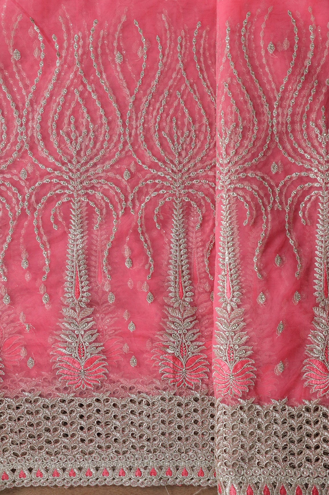 AIzaSyBcstauz-XMPRhEY21AUzeo032pxrXB5Ug - Big Width''56'' Gajri Pink Thread With Zari Traditional Embroidery Work On Gajri Pink Soft Net Fabric With Border