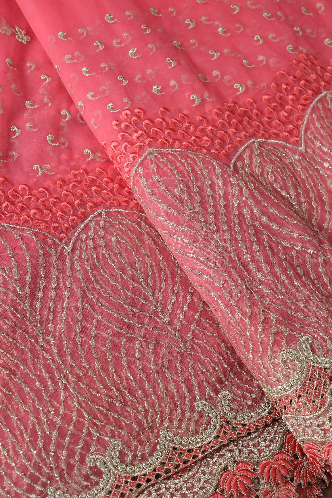 AIzaSyBcstauz-XMPRhEY21AUzeo032pxrXB5Ug - Big Width''56'' Gajri Pink Thread With Zari Traditional Embroidery Work On Gajri Pink Soft Net Fabric With Border