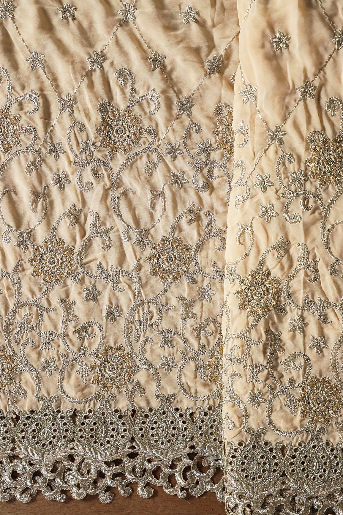 AIzaSyBcstauz-XMPRhEY21AUzeo032pxrXB5Ug - Big Width''56'' Gold And Silver Zari Floral Embroidery Work On Beige Georgette Fabric With Border
