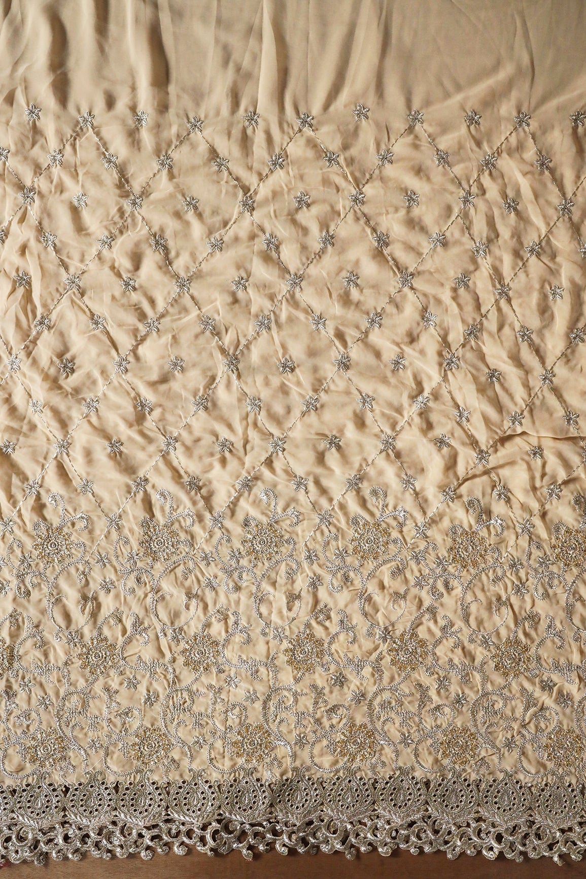 AIzaSyBcstauz-XMPRhEY21AUzeo032pxrXB5Ug - Big Width''56'' Gold And Silver Zari Floral Embroidery Work On Beige Georgette Fabric With Border