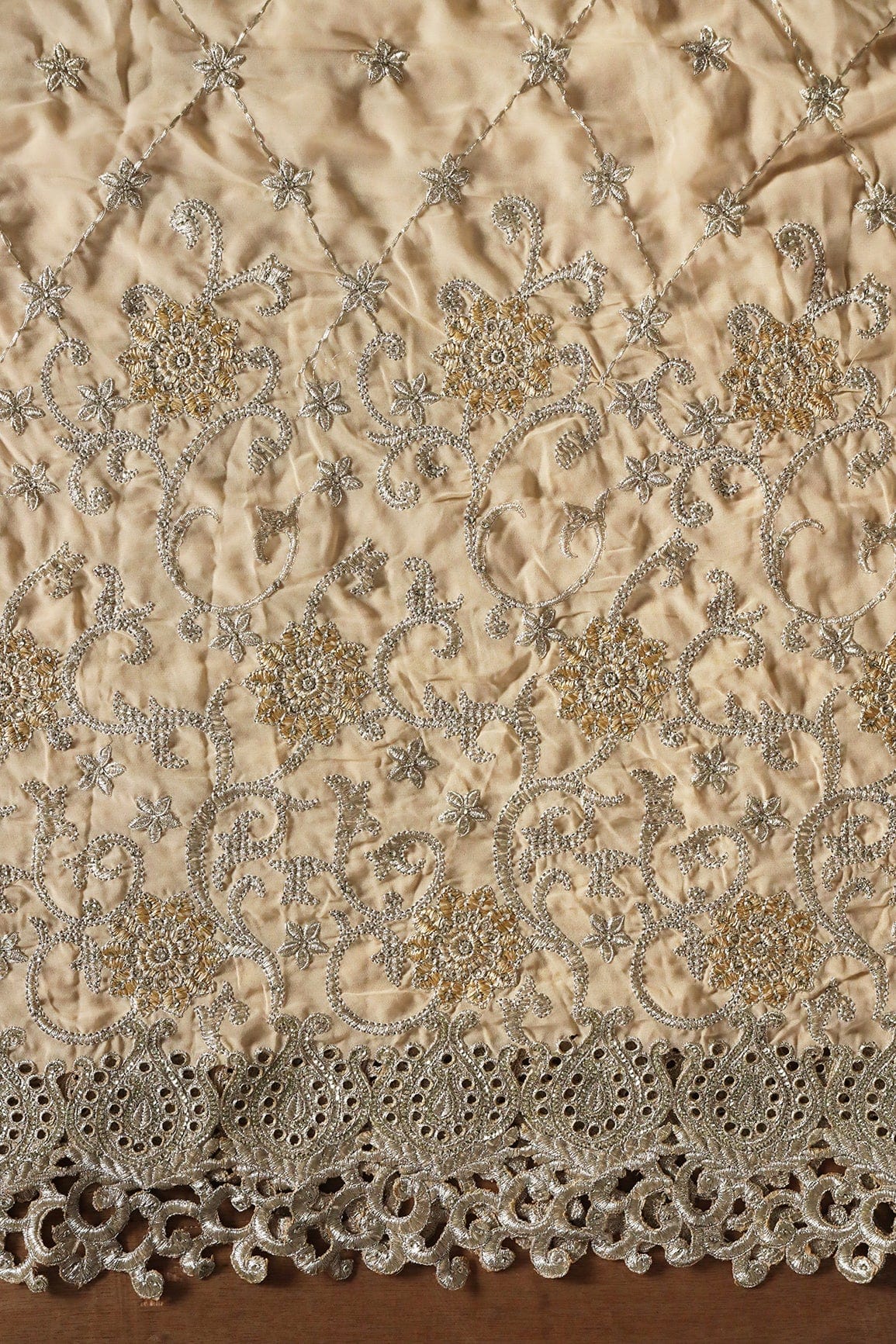 AIzaSyBcstauz-XMPRhEY21AUzeo032pxrXB5Ug - Big Width''56'' Gold And Silver Zari Floral Embroidery Work On Beige Georgette Fabric With Border
