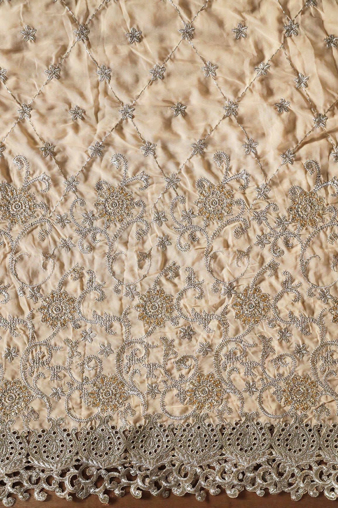 AIzaSyBcstauz-XMPRhEY21AUzeo032pxrXB5Ug - Big Width''56'' Gold And Silver Zari Floral Embroidery Work On Beige Georgette Fabric With Border
