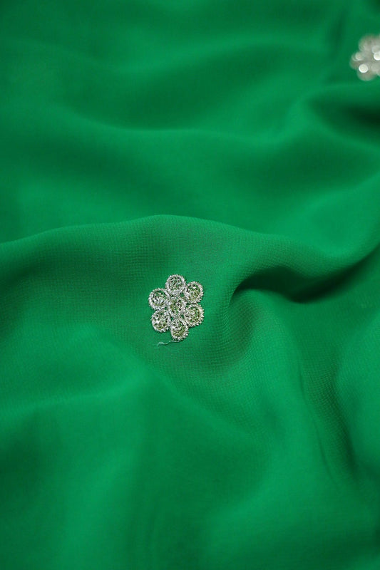 AIzaSyBcstauz-XMPRhEY21AUzeo032pxrXB5Ug - Big Width''56'' Green Thread With Zari Ethnic Embroidery Work On Green Georgette Fabric With Border