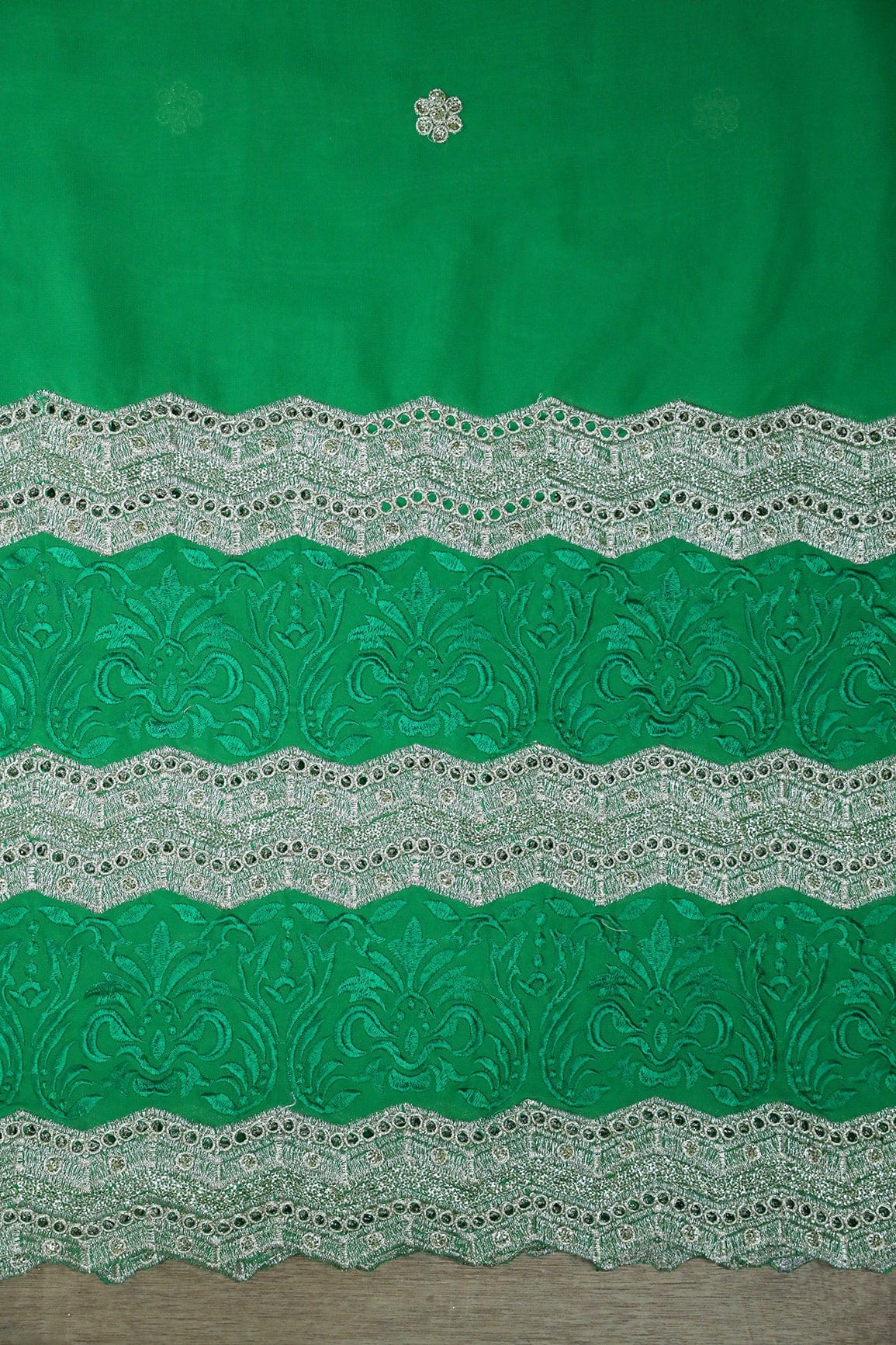 AIzaSyBcstauz-XMPRhEY21AUzeo032pxrXB5Ug - Big Width''56'' Green Thread With Zari Ethnic Embroidery Work On Green Georgette Fabric With Border