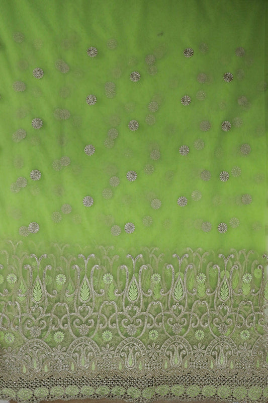 AIzaSyBcstauz-XMPRhEY21AUzeo032pxrXB5Ug - Big Width''56'' Green Thread With Zari Traditional Embroidery Work On Parrot Green Soft Net Fabric With Border