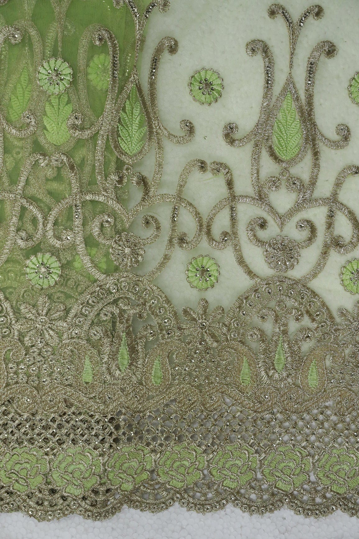 AIzaSyBcstauz-XMPRhEY21AUzeo032pxrXB5Ug - Big Width''56'' Green Thread With Zari Traditional Embroidery Work On Parrot Green Soft Net Fabric With Border