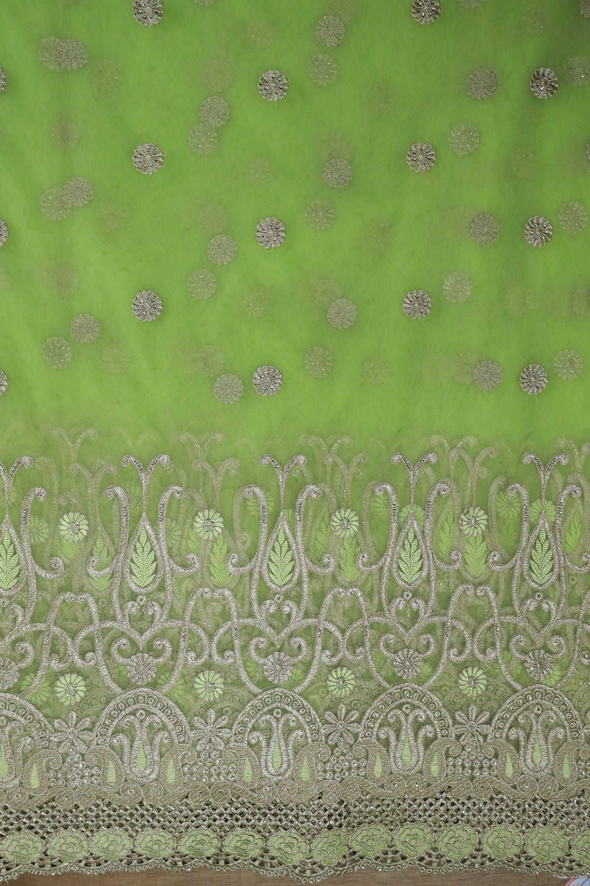 AIzaSyBcstauz-XMPRhEY21AUzeo032pxrXB5Ug - Big Width''56'' Green Thread With Zari Traditional Embroidery Work On Parrot Green Soft Net Fabric With Border