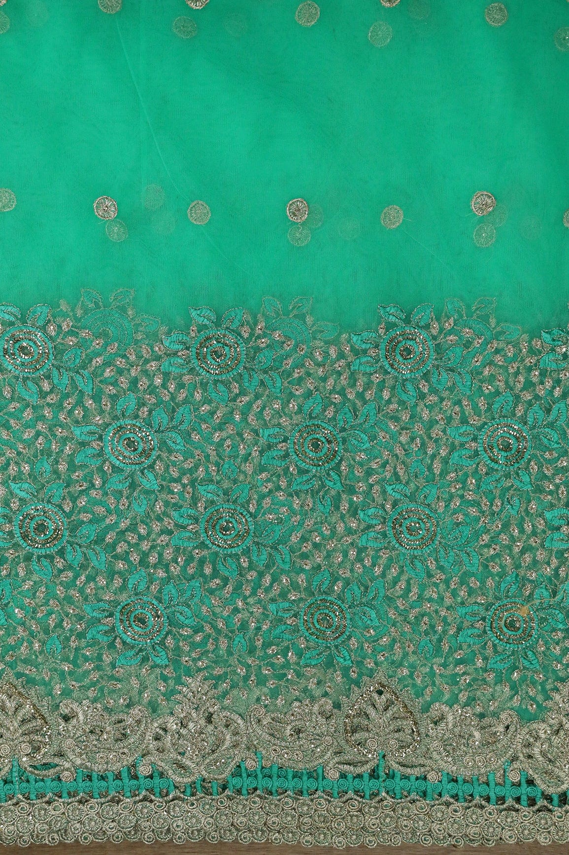 AIzaSyBcstauz-XMPRhEY21AUzeo032pxrXB5Ug - Big Width''56'' Mint Green Thread With Zari Floral Embroidery Work On Mint Green Soft Net Fabric With Border