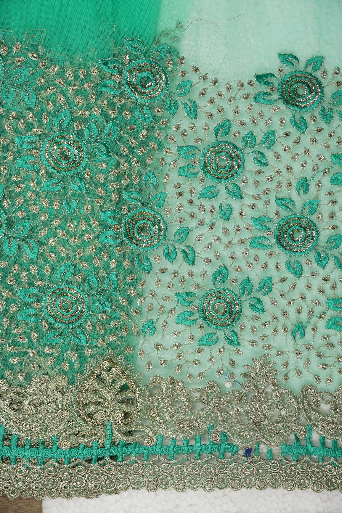 AIzaSyBcstauz-XMPRhEY21AUzeo032pxrXB5Ug - Big Width''56'' Mint Green Thread With Zari Floral Embroidery Work On Mint Green Soft Net Fabric With Border
