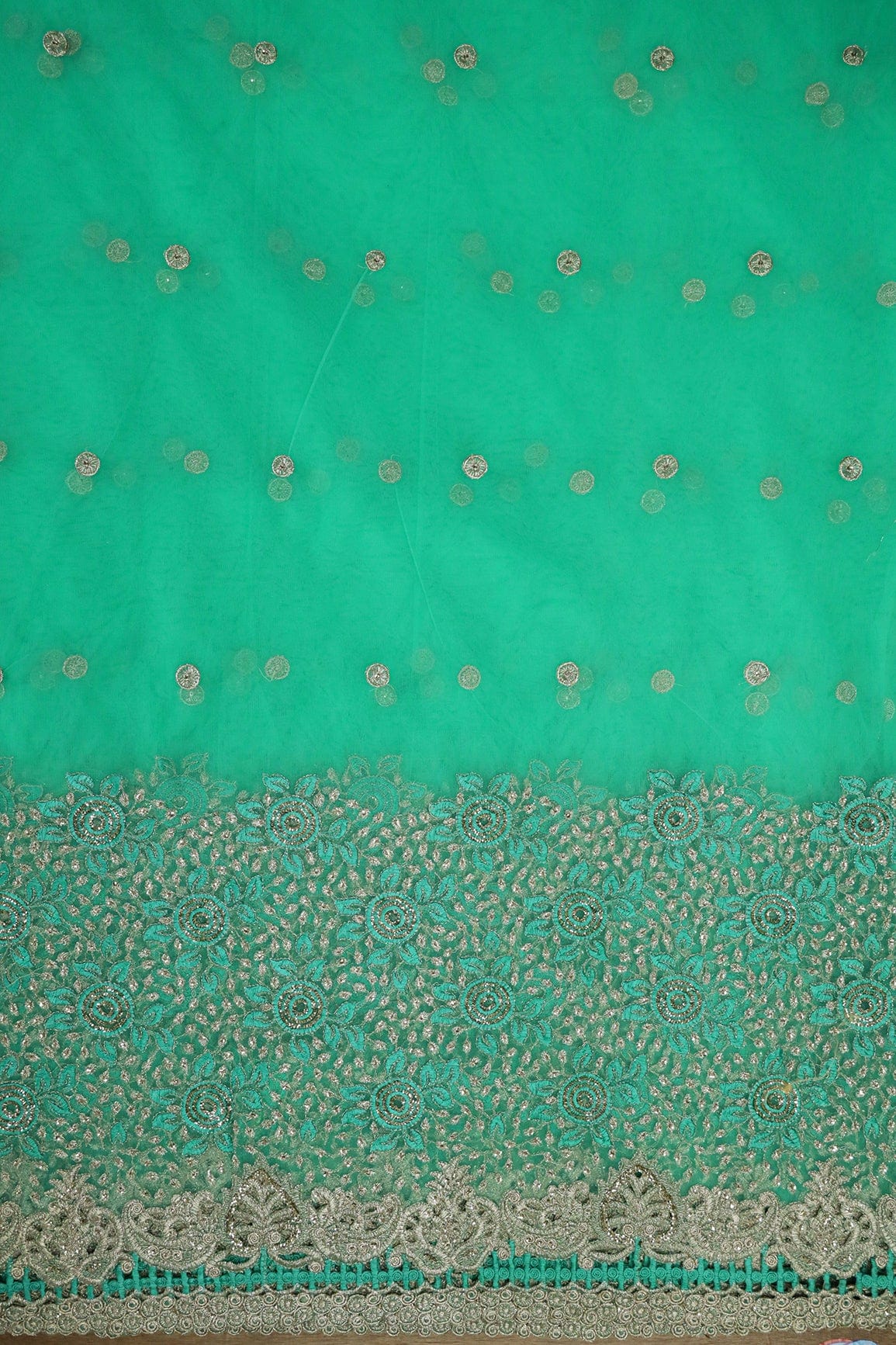 AIzaSyBcstauz-XMPRhEY21AUzeo032pxrXB5Ug - Big Width''56'' Mint Green Thread With Zari Floral Embroidery Work On Mint Green Soft Net Fabric With Border