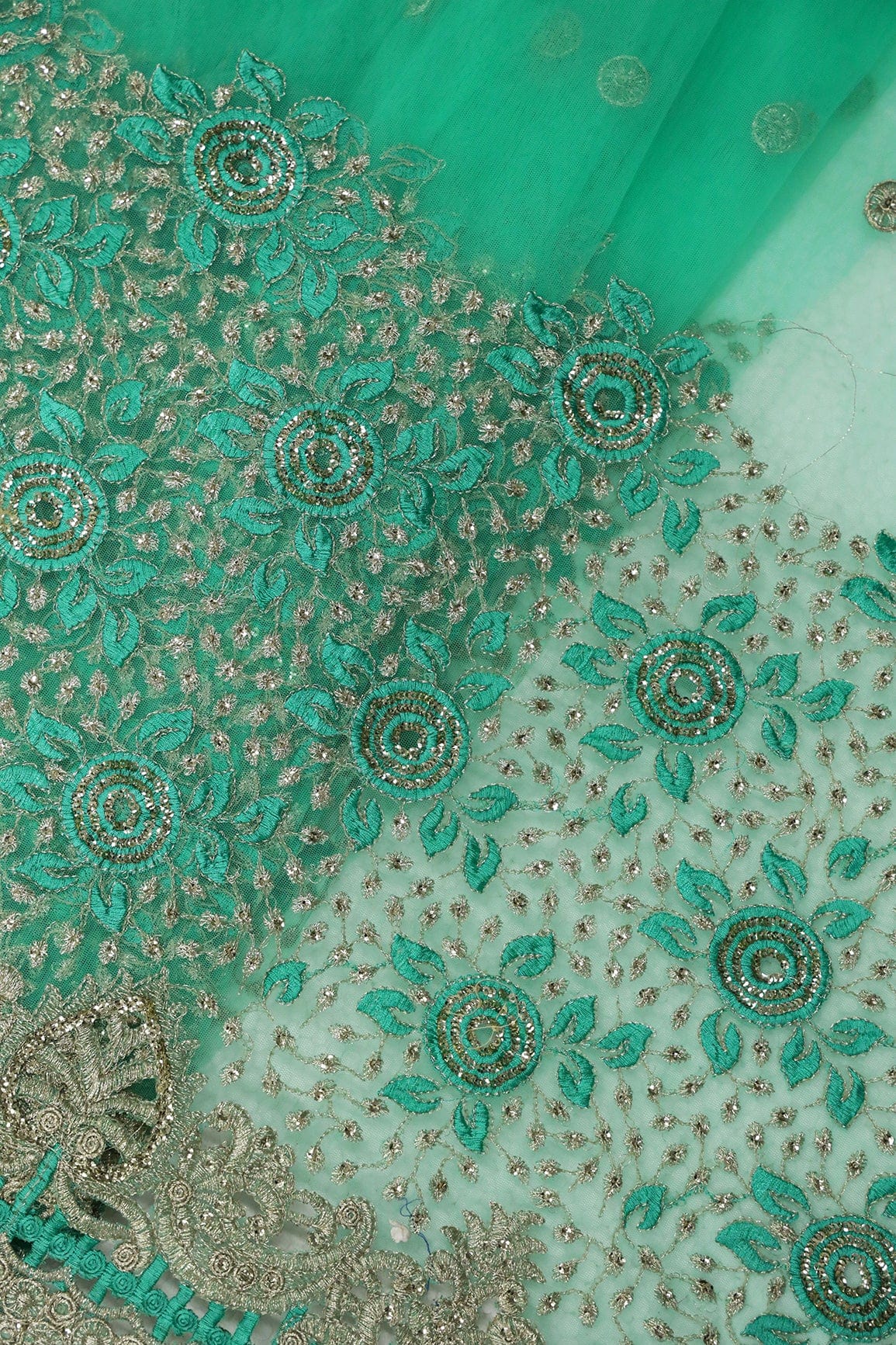 AIzaSyBcstauz-XMPRhEY21AUzeo032pxrXB5Ug - Big Width''56'' Mint Green Thread With Zari Floral Embroidery Work On Mint Green Soft Net Fabric With Border